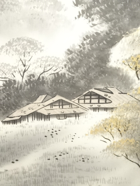 水墨画 春雪画　山水画 掛け軸　肉筆　絹本　古物 道具 ] - 道具 茨木春山筆 水墨山水 肉筆絹本掛軸（共箱